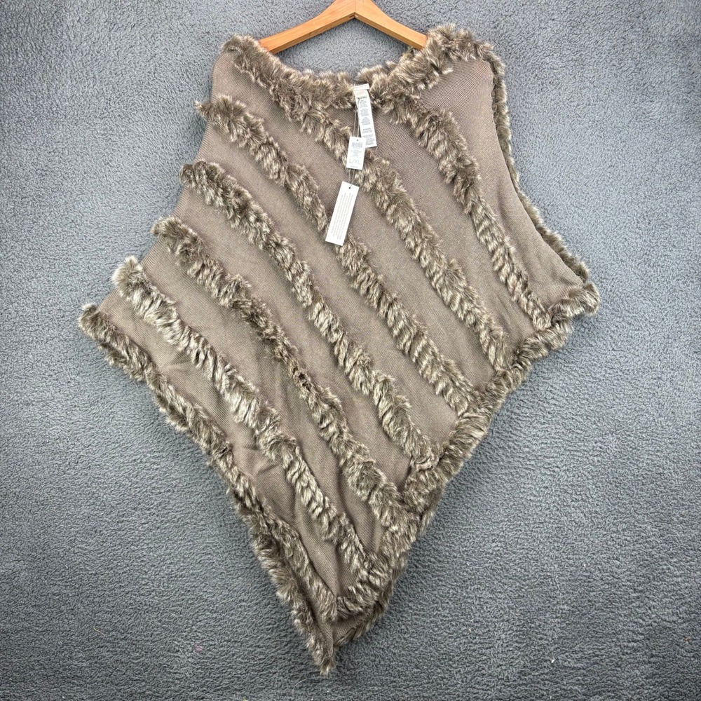 Chicos Ivana Faux Fur Poncho Taupe Brown Knit Wrap L/XL New With Tags 570155042